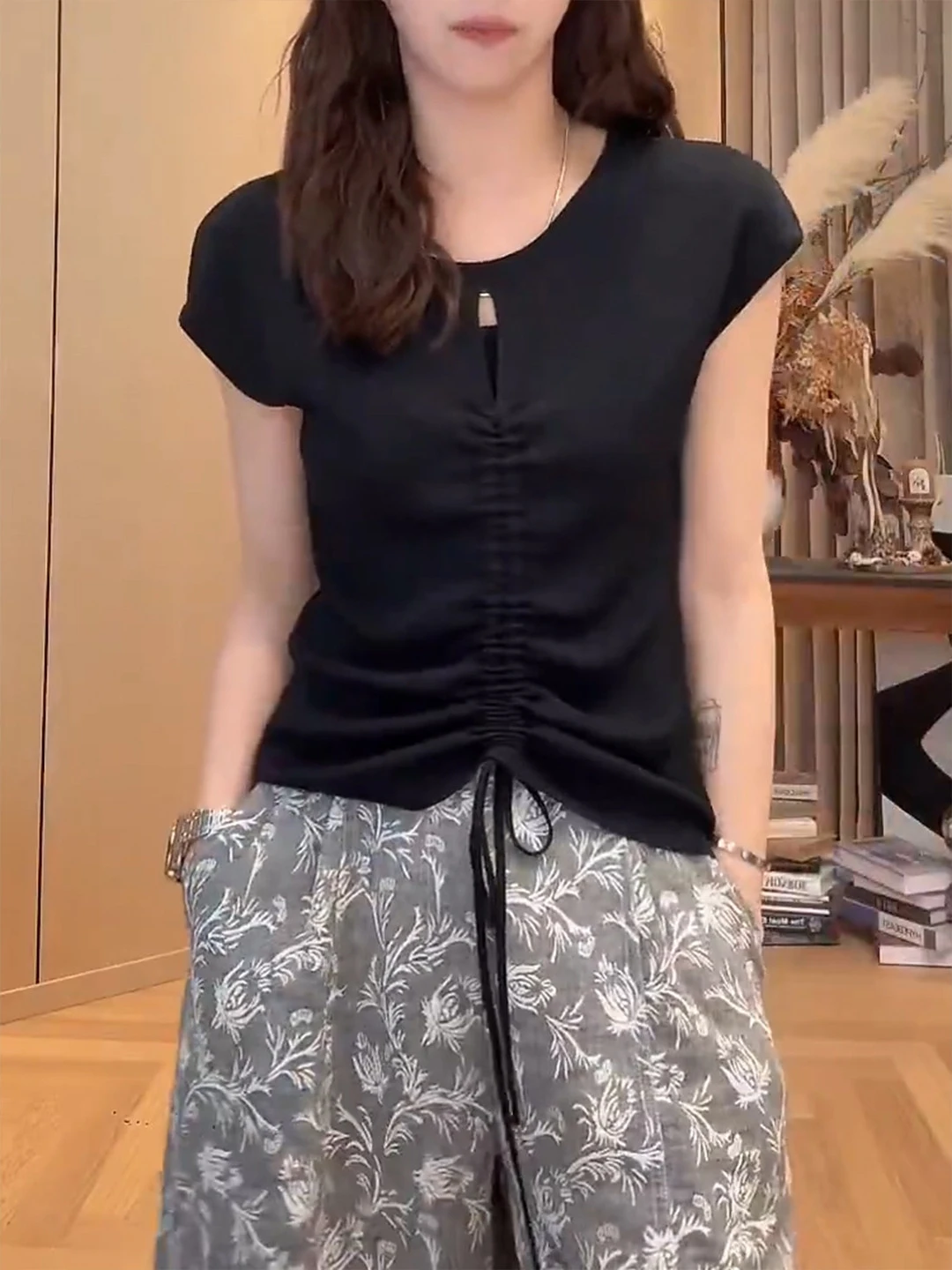 Black Drawstring Pleated Waist Short Sleeve Knitted Top Women Summer plus Size Slimming Stylish Commute Style Korean Version
