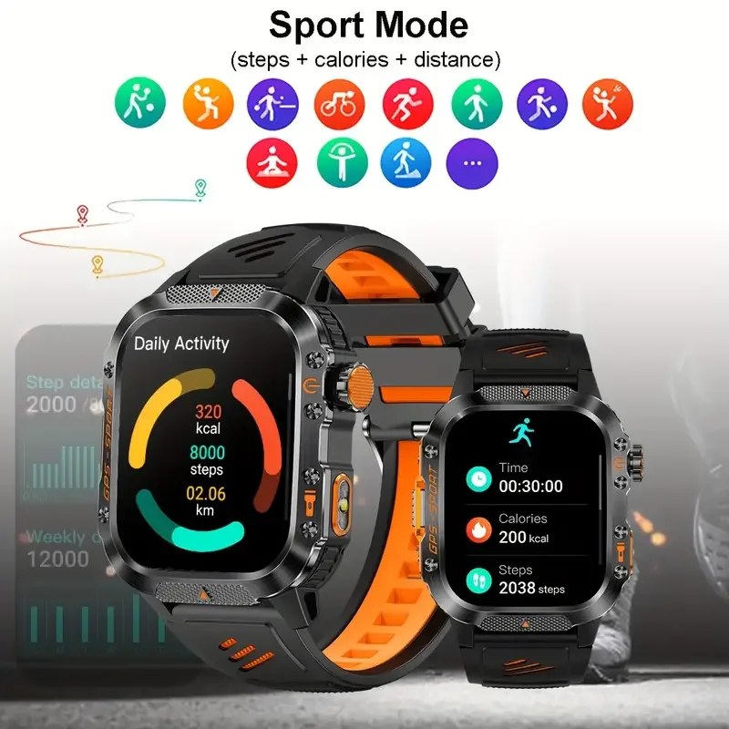 남성 여성을위한 Wonlex GPS 스마트 시계 군용 Amoled 손전등 IP68 방수 야외 스포츠 나침반 Smartwatch 스마트 밴드