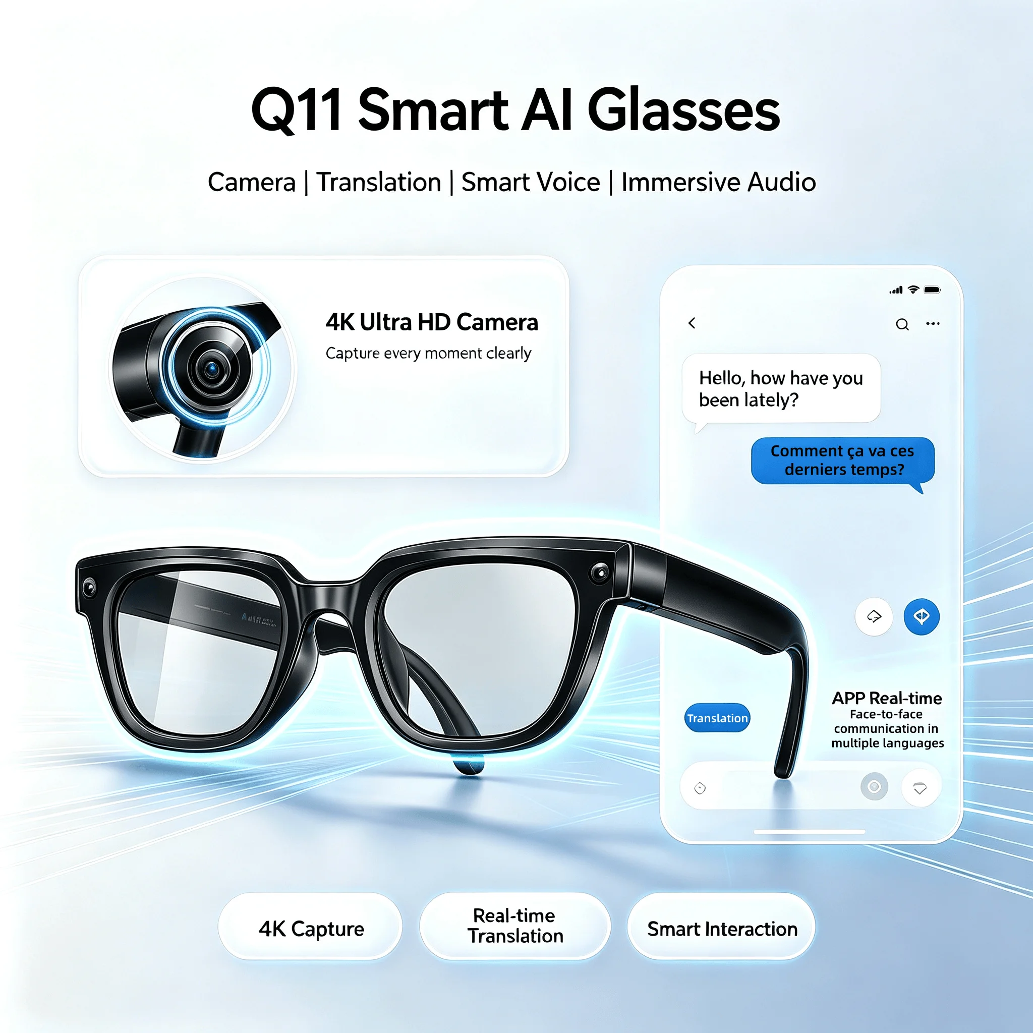 Image of Q11 Smart-Brille mit 4K-Kamera, Foto- und Videoaufnahme, Echtzeit-Mehrsprachübersetzung, Bluetooth-Anrufe & Stereo-Musik, photochrome Gläser
