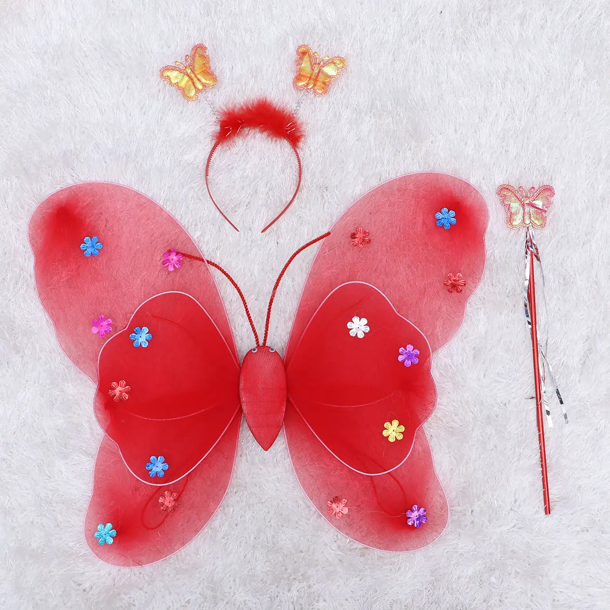 3Pcs LED Light Fairy Wings Set Red Includes Double Layer Wings Elastic Straps Headband and Wand Girls Costume Night Party Outfit