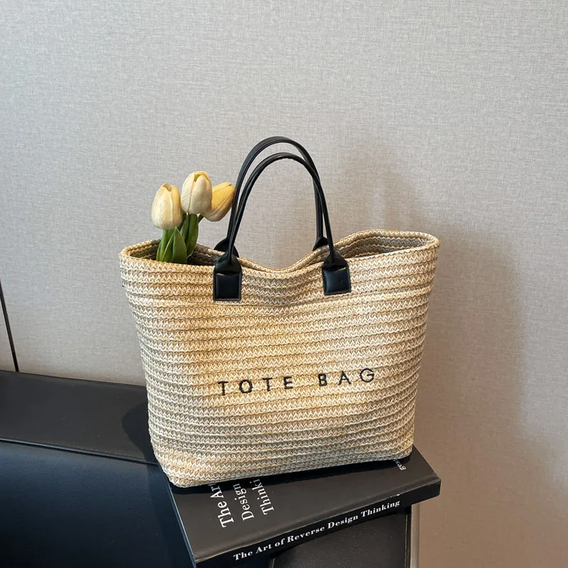 

Женская соломенная сумка для летних каникул, пляжная большая сумка, модная тканая сумка, женская простая дорожная сумка на плечо большой вместительности