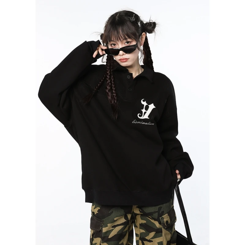 

Vintage Black Plush Sweatshirt Printing Women POLO Collar American Fashion Streetwear Lazy Wind Warm Winter Female Pullover