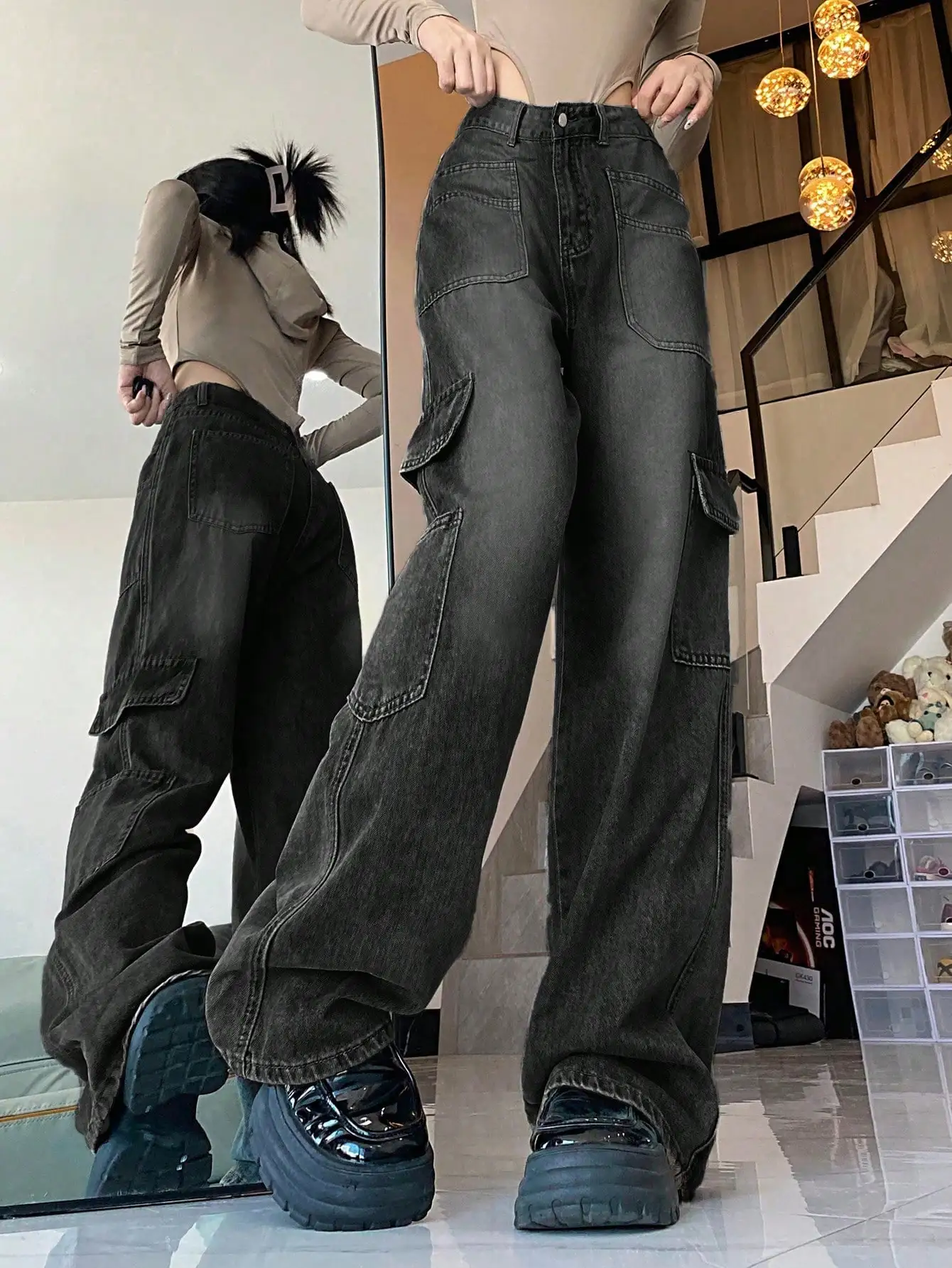 Faionable Bla losse wijde pijpen jeans met grote keten hoge taille afslankende zomer nieuwe collectie dames casual hoge taille jeans