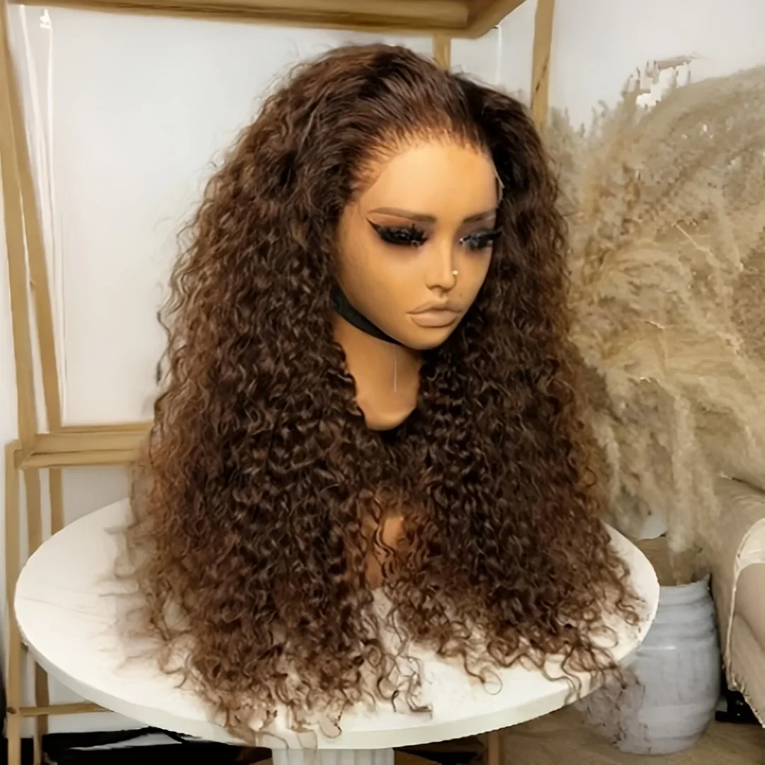 

Brown Glueless 26Inch 180%Density Kinky Curly 13*4*1 Lace Front Wigs For Women With Baby Hair Synthetic Fiber Daily Wear Wigs