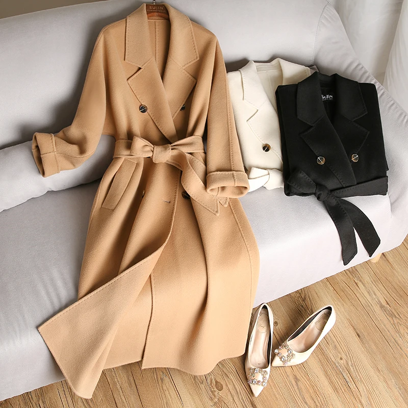 

High Quality Water ripple Double-sided Real Cashmere Coat Women Real Wool Coat Winter Korean Long Coat Female Jacket Outerwear