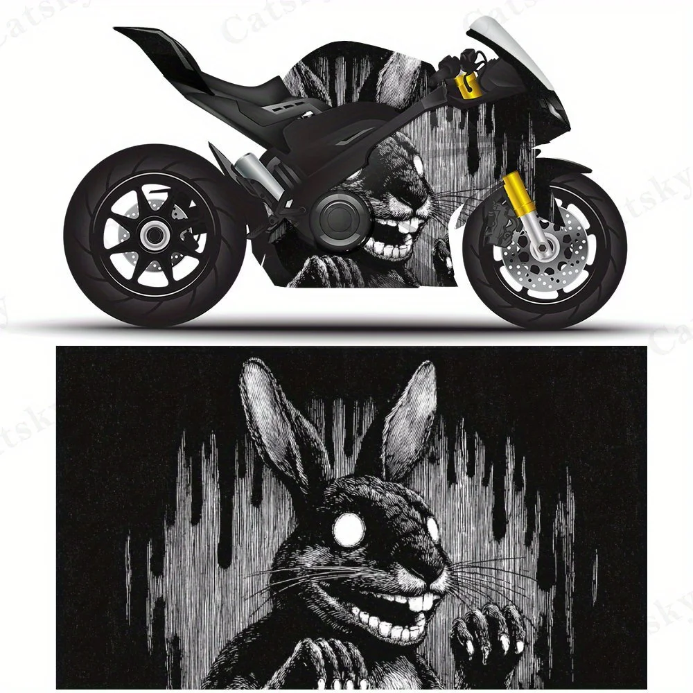 Horror Black Rabbit Motorcycle Film Stickers, Durable PVC Adhesive Decals for Motorcycle Customization, Weather-Resistant Protec
