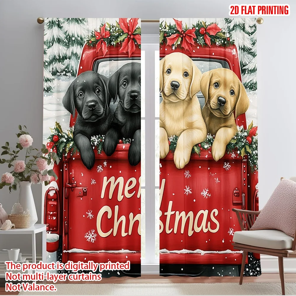 2pcs,2D plane printing Contemporary Curtains Cute Lab Puppies Christmas Truck (3) 100% Polyester (without rod) Versatile All Use