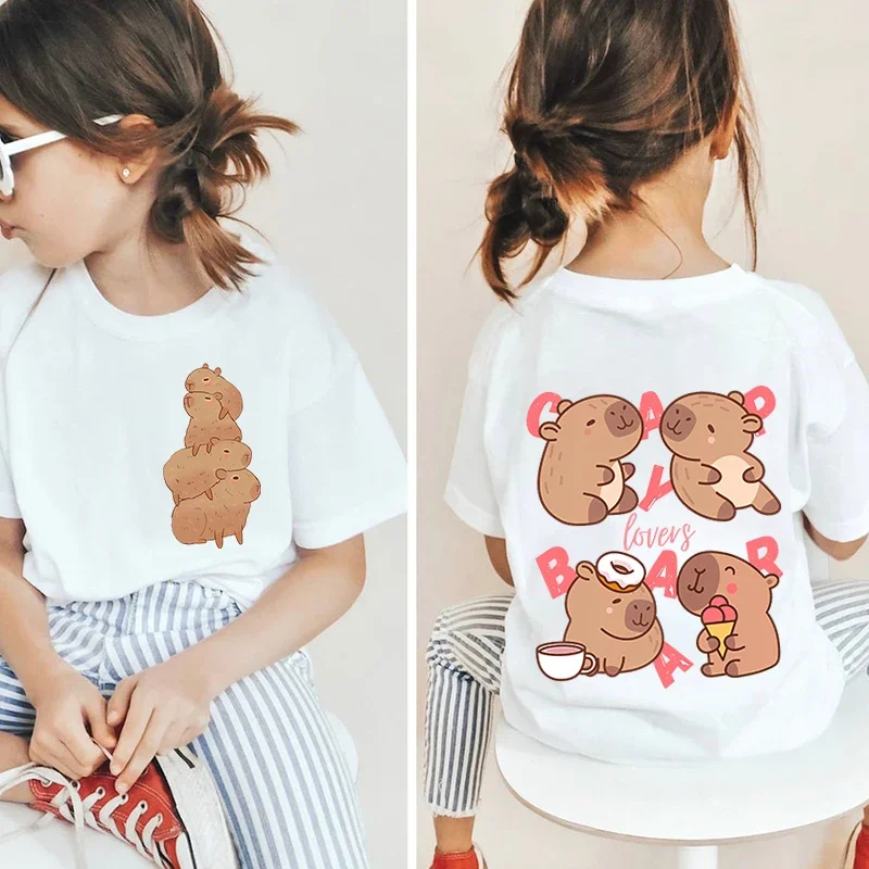 

Детская хлопковая футболка Kawaii Capybara для влюбленных, белый топ с короткими рукавами и рисунком, двусторонний принт для девочек