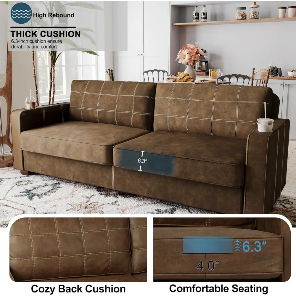 أريكة من الجلد الصناعي البني مقاس 80 بوصة - مساند للذراعين واسعة مع حاملين أكواب مدمجين، ومقاعد عميقة، وخياطة متباينة، كبيرة الحجم