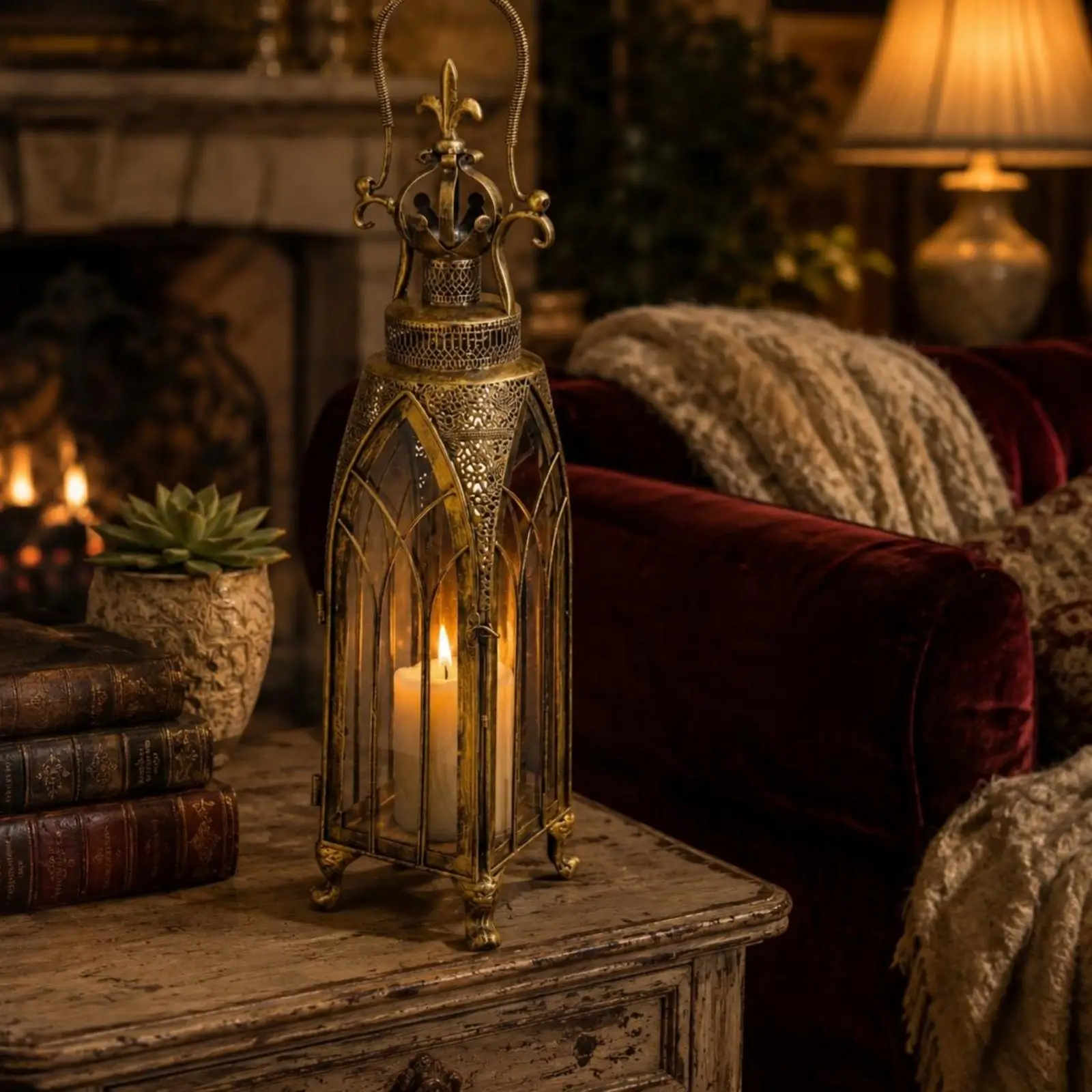Glass Panel Iron Lantern Candle Holder Vintage Atmosphere Lamp Moroccan Style Decor for Tabletop Shelf Romantic Ambience