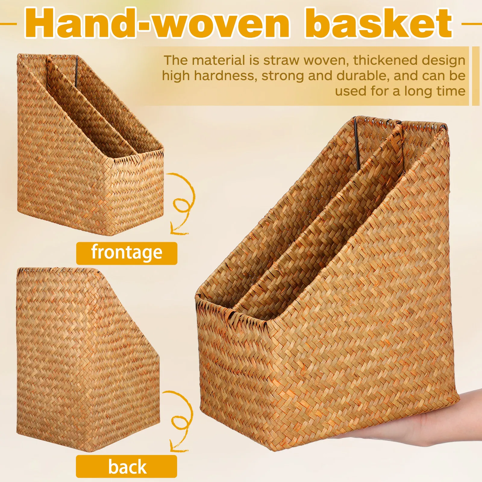 Premium Hand-Woven Straw Document Organizer File Holder Book Display Stand Desktop Storage Rack for Office Home Library
