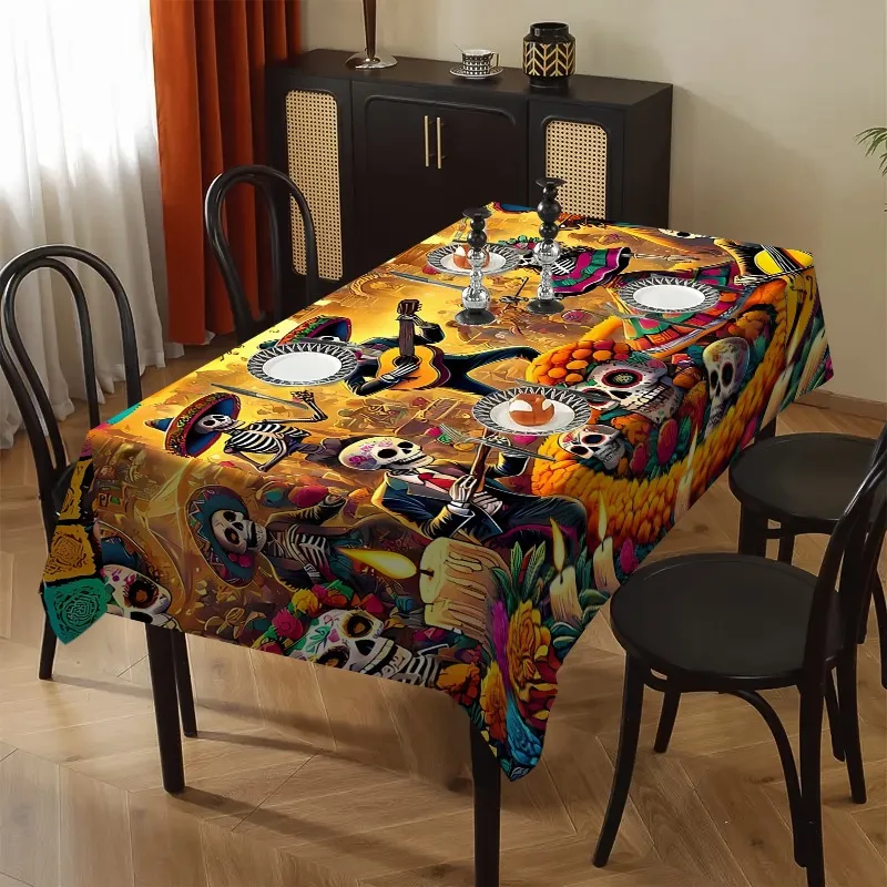 VIKAMA Dia de los Muertos Skeleton Tablecloth Mexican Folk Art Style for Dining Room Home Decor