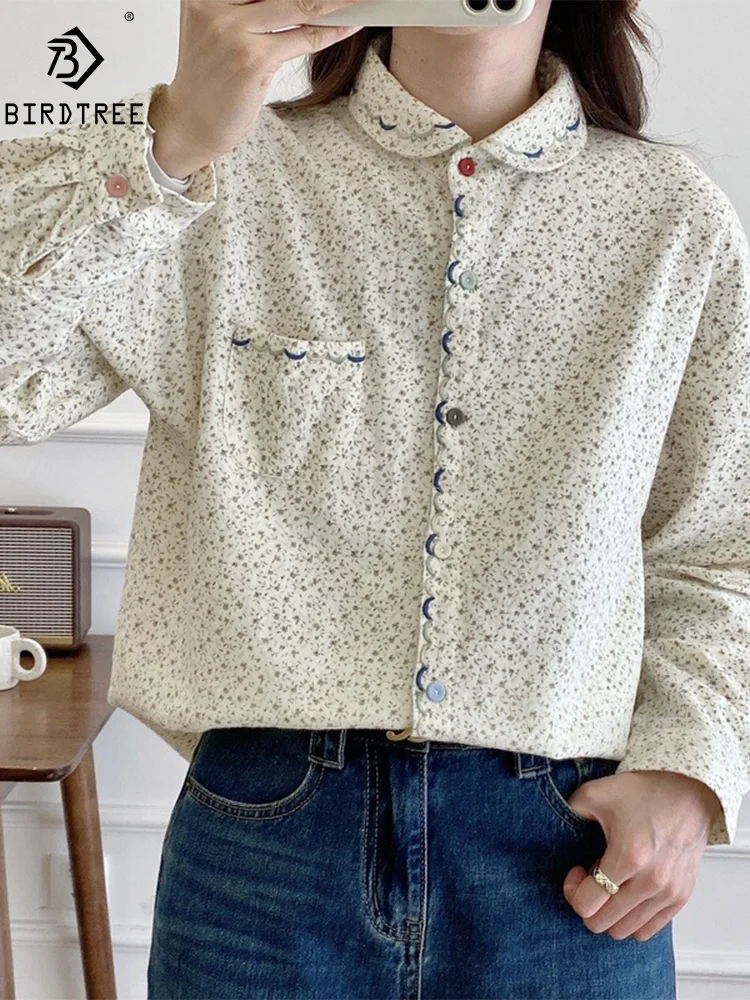 New Summer Cotton Long Sleeve Shirts Lapel Floral Print Tops Mori Girl Casual Retro Loose Chic Blouse 2024 Autumn T46336QM