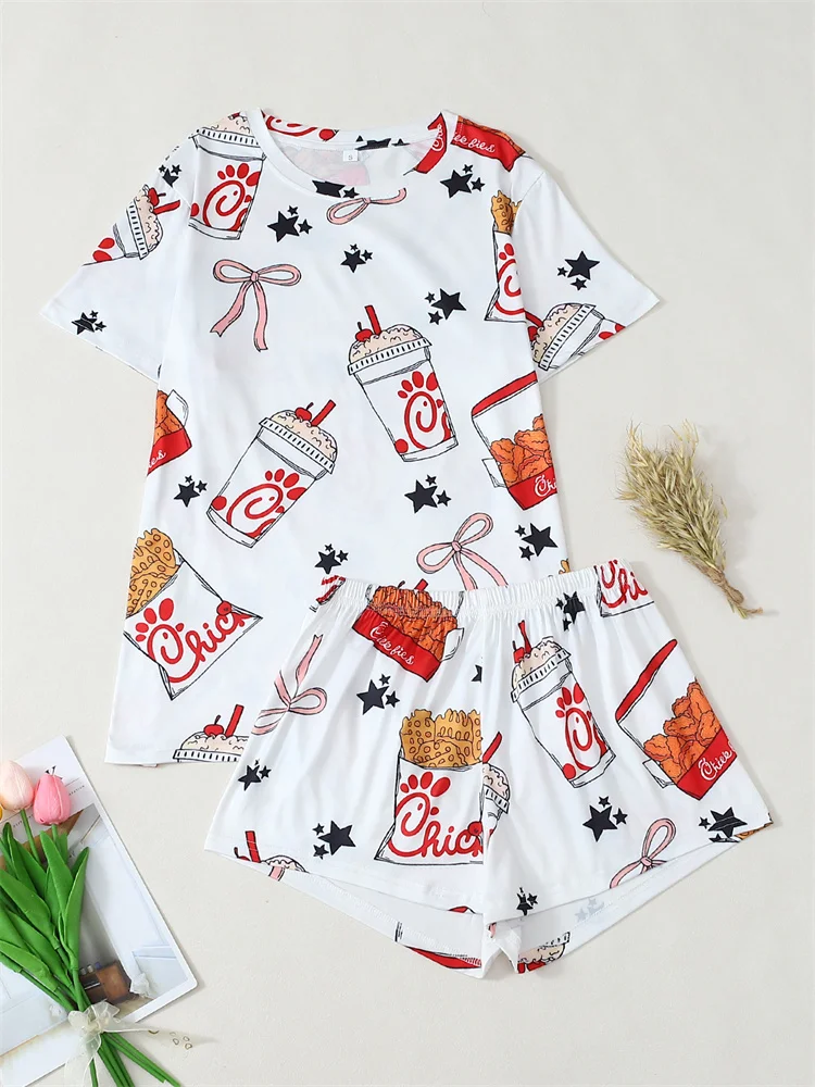 

2 шт./компл. женской домашней одежды, летняя забавная футболка с рисунком еды и шорты, женский легкий комплект домашней одежды