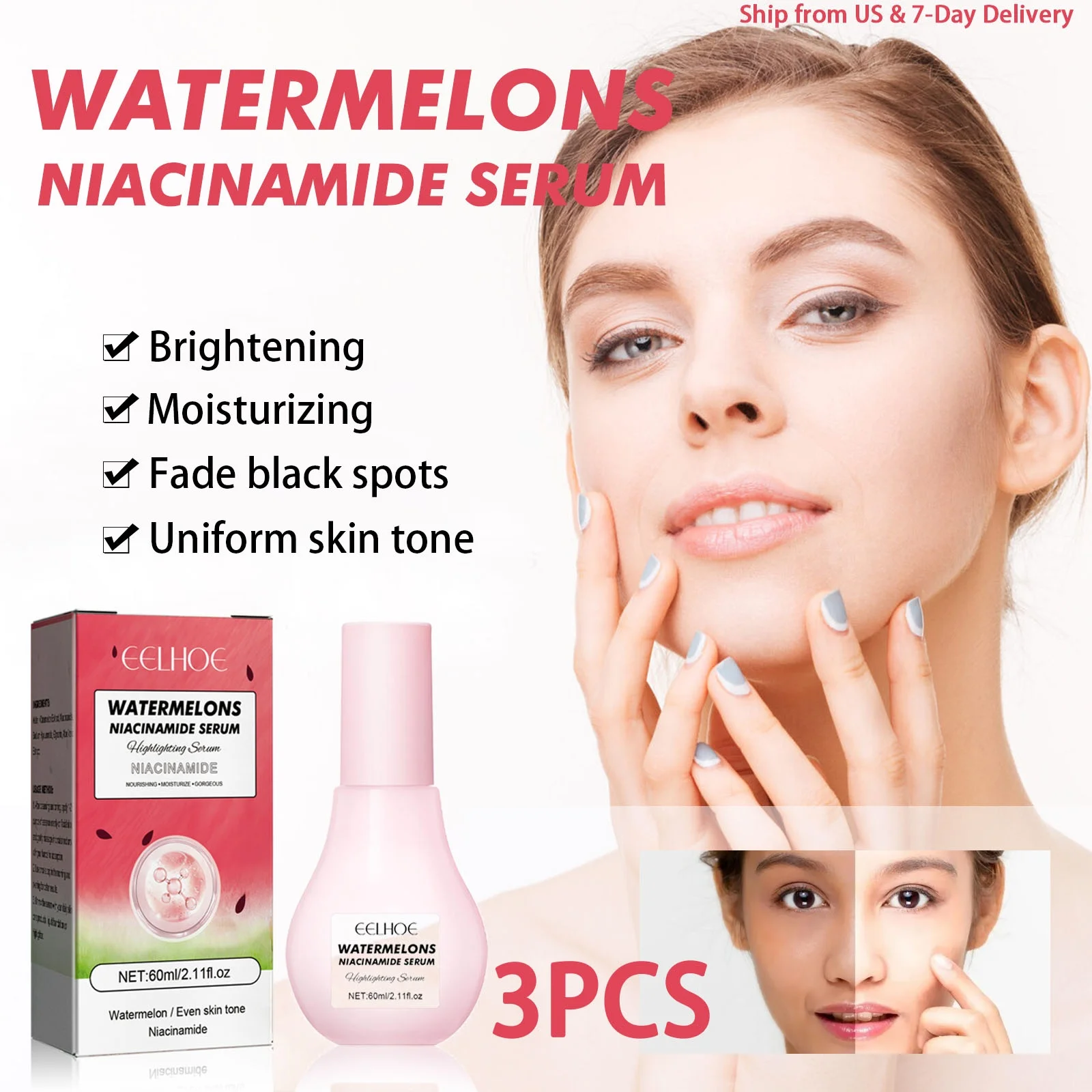 3PCS Nicotinamide Serum Brighten Skin, Fade Dark Spots, Moisturize Skin Evenly, Contain Hyaluronic Acid Facial Care Essence