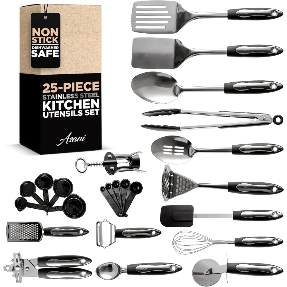 

25-Piece Stainless Steel Kitchen Utensil Set | Non-Stick Cooking Gadgets and Tools Kit | Durable Dishwasher-Safe Cookware Set