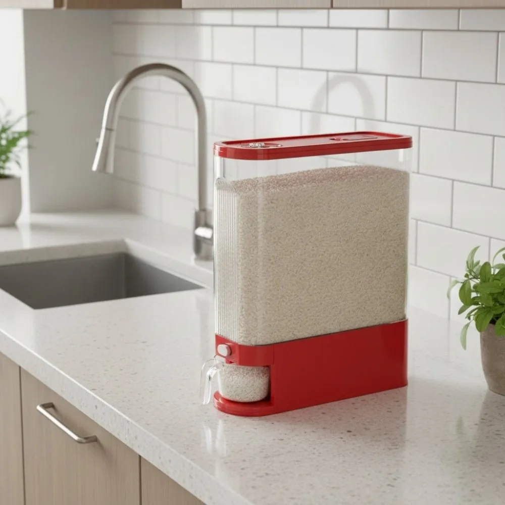 Transparent Narrow Long Rice Bucket Moisture Proof Press Type Rice Storage Container Insect-Proof With Measuring Cup