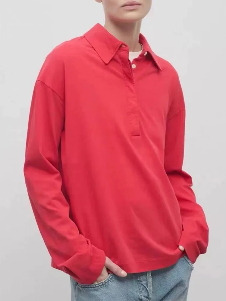 

Fashionable red lapel long-sleeved T-shirt top, casual and versatile pure cotton pullover 2025 Autumn new style
