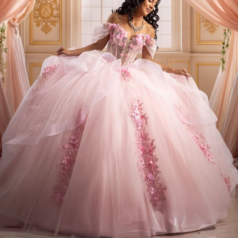 

Розовое блестящее бальное платье для выпускного бала/квинсеаньеры с аппликацией, цветами, бисером, кристаллами, тюлем, бантом, корсетом, открытыми плечами, для Sweet 16, Vestidos 15