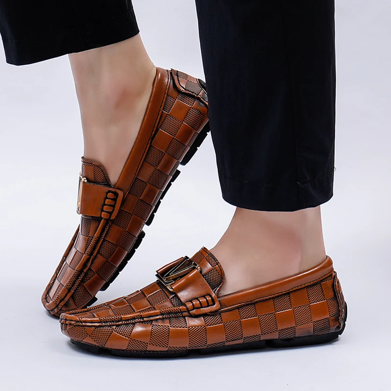Men's Classic Checkered Loafers, Men's Slip-On Driving Footwear, Men's Metal Buckle Non-Slip Comfort Lightweight Casual Shoes