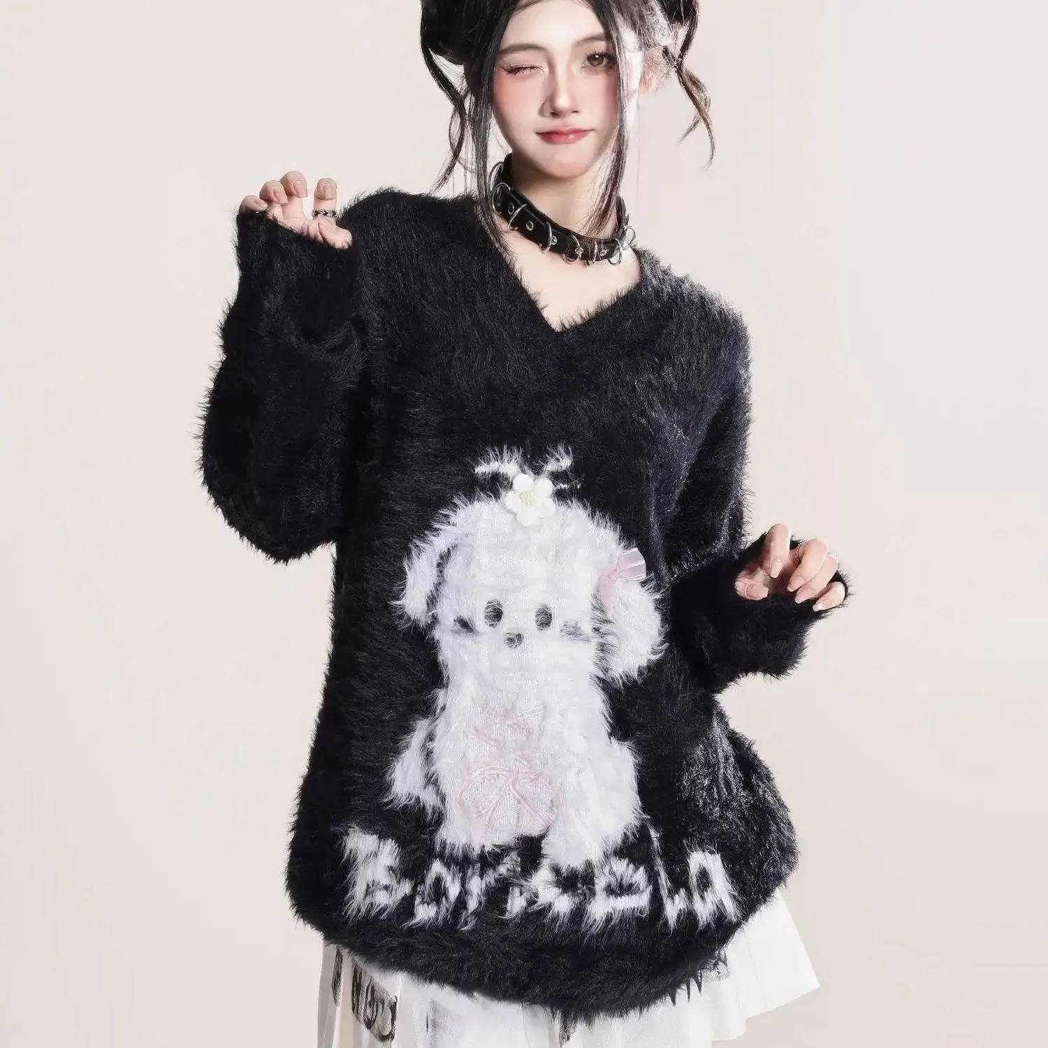 Y2k Japanese Sweaters Kawaii Women V-Neck Sweater Puppy Pattern Long Sleeve Casual Style Pullover Spring Autumn Harajuku