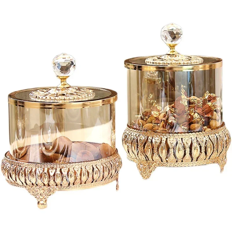 Luxury Style Golden Crystal Glass Decorative Storage Jar with Lid American and European Style Coffee Table Candy