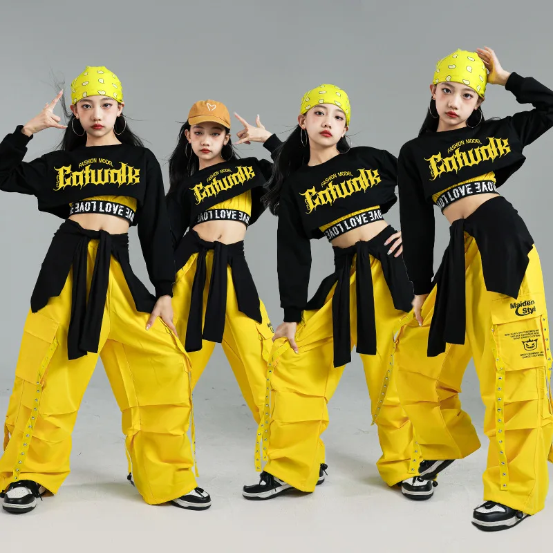 Kid Hip Hop Clothing Black Sweatshirt Yellow Crop Tank Top Casual Strap Cargo Pants for Girl Jazz Dance Costume Clothes Outfits