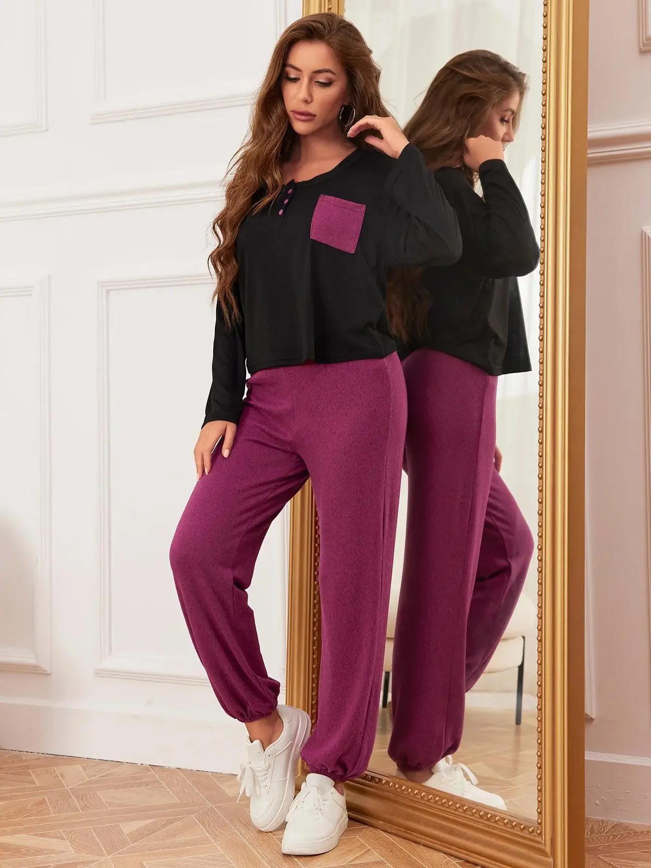 Solid Women Pajama Sets Long Sleeves Button Top & Full-Length Pants 2 Pieces Sleepwear Scroop Neck Female Nightwear Homwear