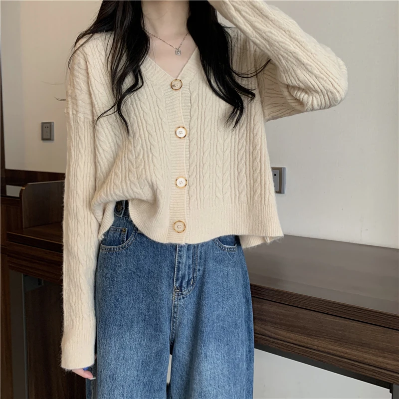 

Chic V-Ne Twisted Knit Sweater Coat Women Loose Lazy Sle Retro ort Sve Long Knitted Open Cardigan Autumn Winter
