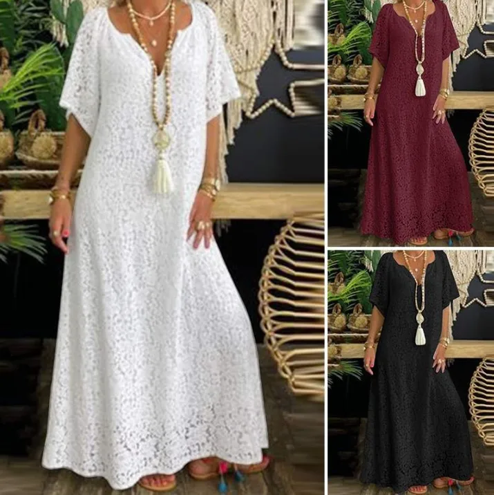 Loose Casual Lace Dress Women Fashion V-neck Short Sleeved A-line Dress Spring New Vacation Style Solid Color Long Dresses