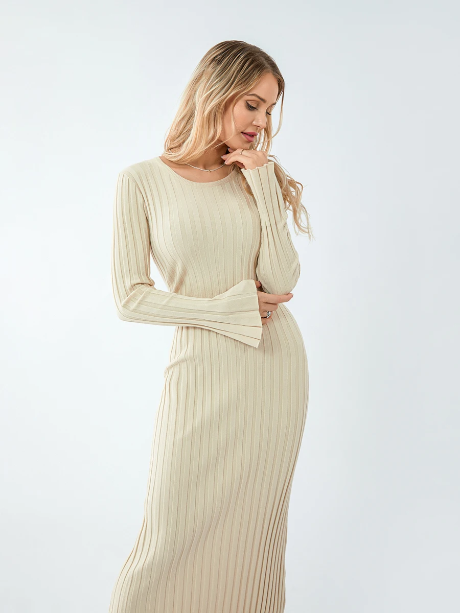 Women Casual Knit Dress Elegant Long Sleeve Crew Neck Rib Solid Color Simple Long Dress for Autumn Winter Streetwear Party Beach