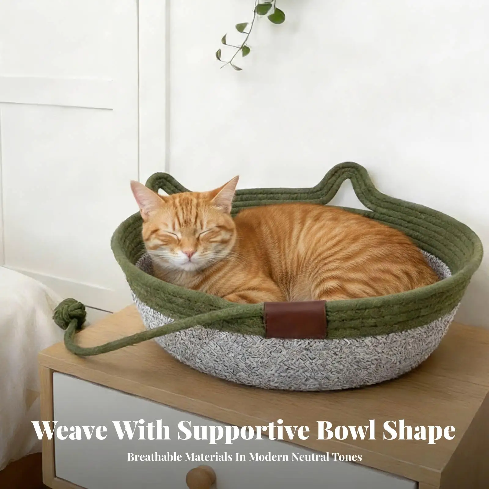 Portable Cotton Wicker Cat Bed with Hanging Ball Toy for Kitten Scratching and Lounging
