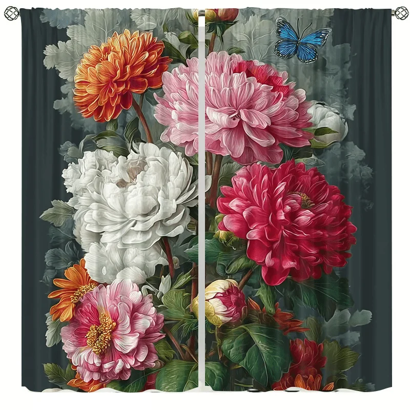 Bright floral butterfly curtains, pole-mounted installation. Suitable for living rooms, bedrooms, dining rooms and hotels.