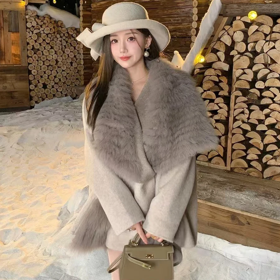 Women's Woolen Coat With Fox Fur Large Collar New Wool Coat Natural Fox Fur Coat Luxury Fashion Real Fur Coat