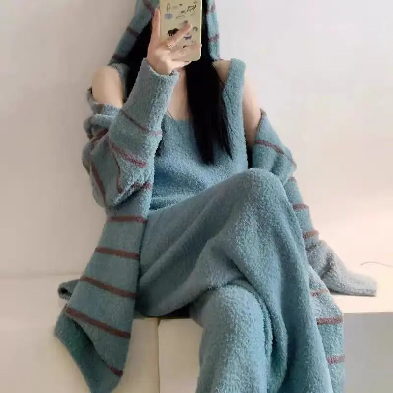 الأزرق نصف الصوف شريط مجموعة سترة سميكة سترة سترة + بنطلون 3 قطعة مجموعة 2026 الخريف/الشتاء المرأة ملابس المنزل منامة