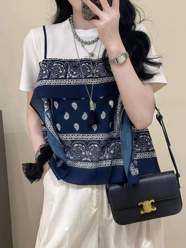 Faionable ort Sve Fake Two-Piece Women's T-irt plus Size Creative Design Korean Sle Loose Fit Summer Top