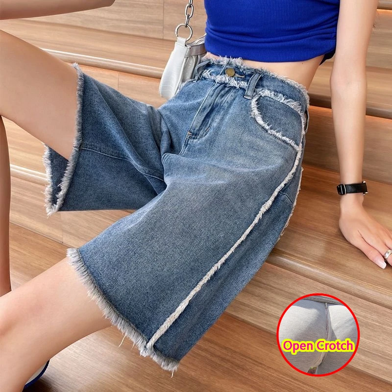 Woman Loose Jeans Open Crotch Pants Shorts Outdoor Sport Heavy Soft Panties with Zippers Easy Comfortable Underpants