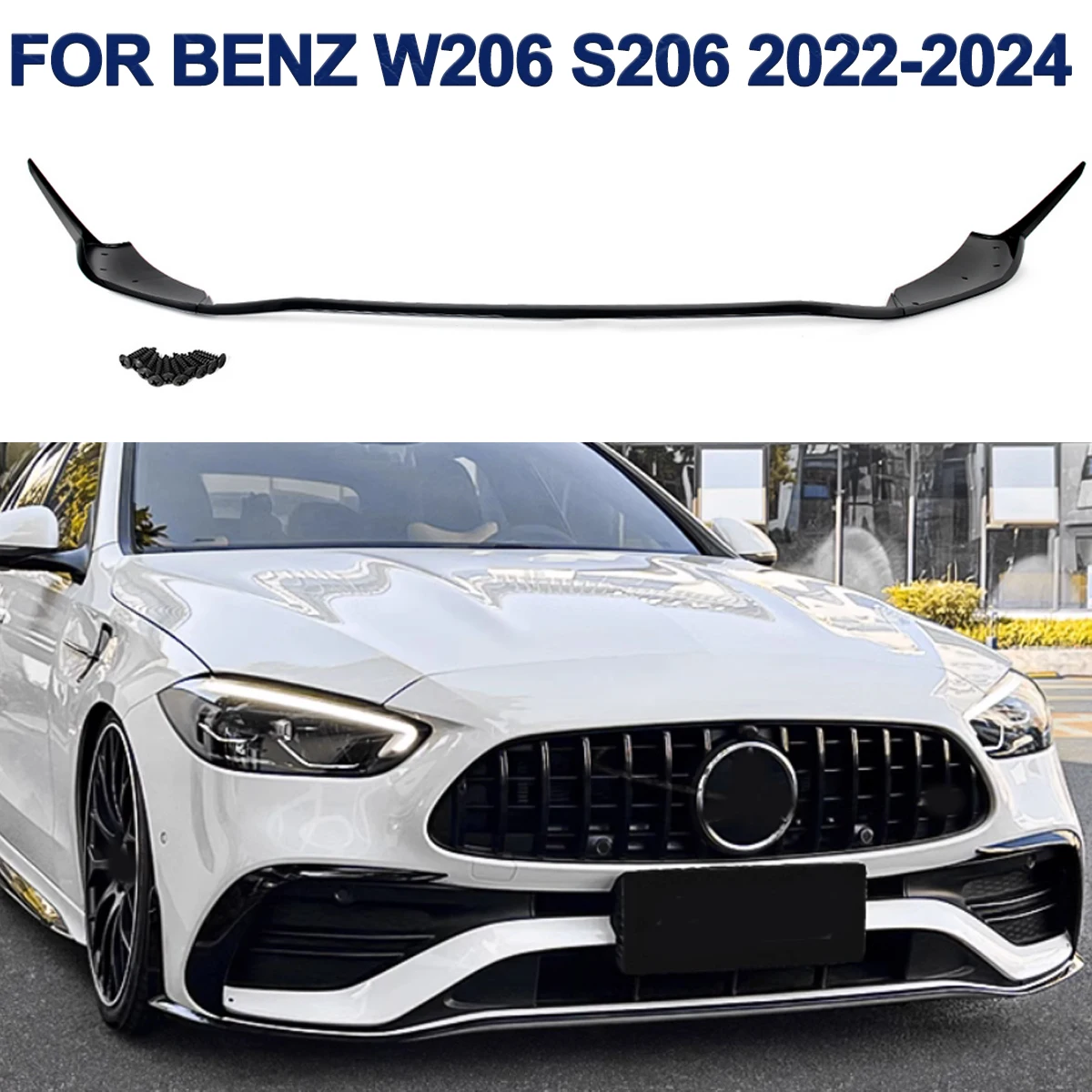 Magickit C43 Look Front Bumper Splitter Lip for Mercedes Benz C Class W206 S206 AMG 2022-2024 Glossy Black Front Bumper Guard