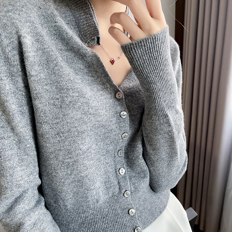 LDZWSM New Women's V-neck Pullover Lace Neck Hollow Out Design Casual Knitted Long Sleeve Women's Sweater Autumn And Winter