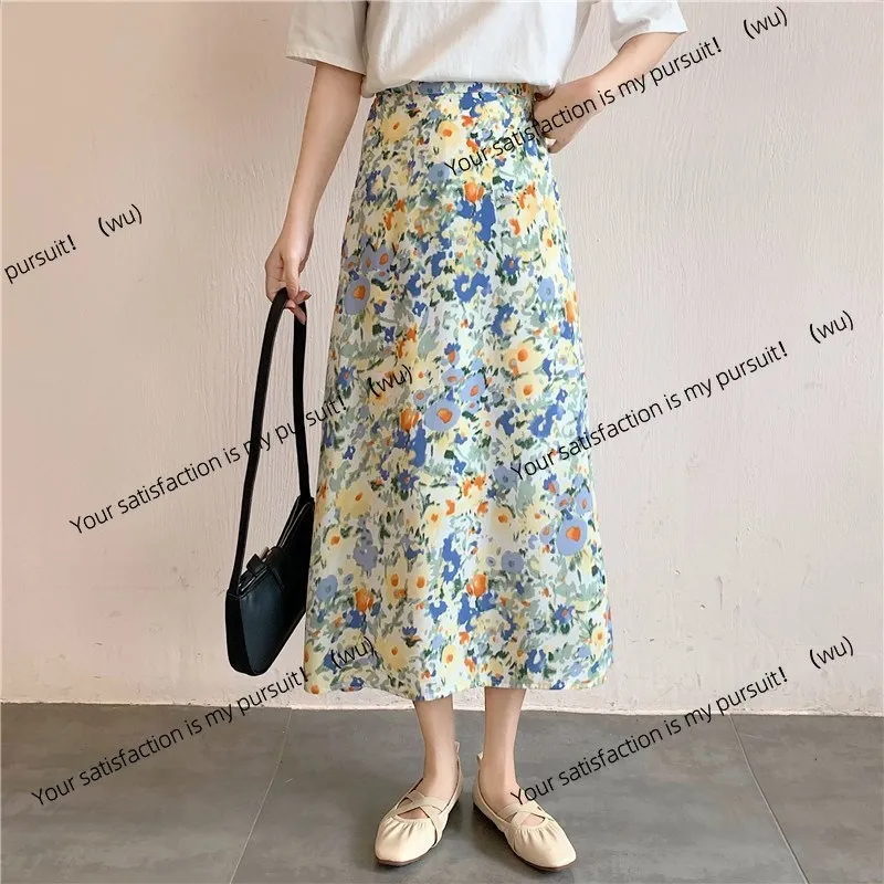 Rok bunga musim semi dan musim gugur pakaian wanita rok draperi rok sedang dan panjang sifon pinggang tinggi