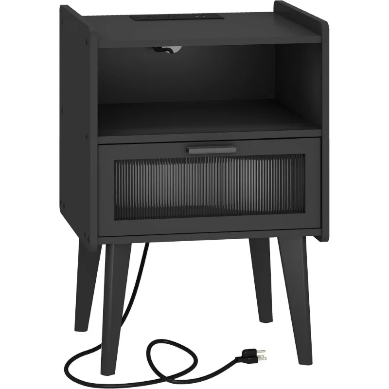 

Nightstand with Charging Station 2 Tier End Table for Bedroom Living Room Bedside Table with Storage