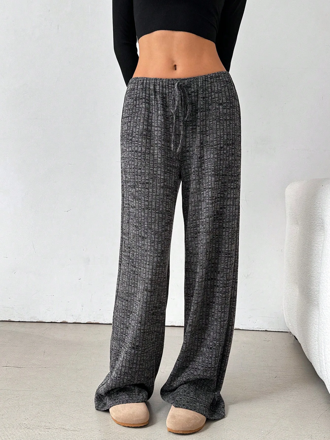 2025 Autumn and Winter Women's New Casual Striped Solid Color Loose Wide Leg Straight Leg Pants