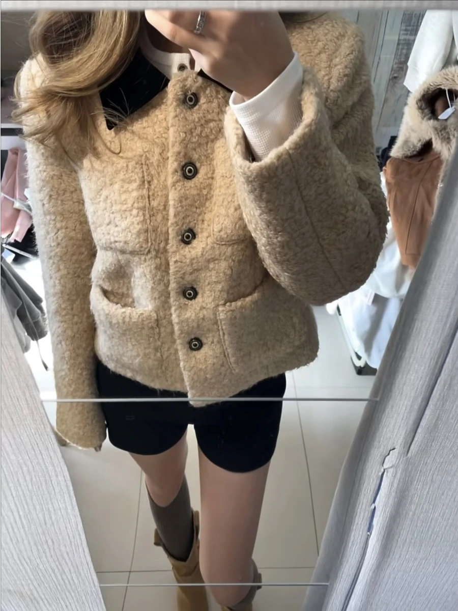 Sweet Atmosphere Brown Lamb Fur Collar Coat Korean Style Commute Winter New Arrival Soft Fufu Miu Series Short Coat