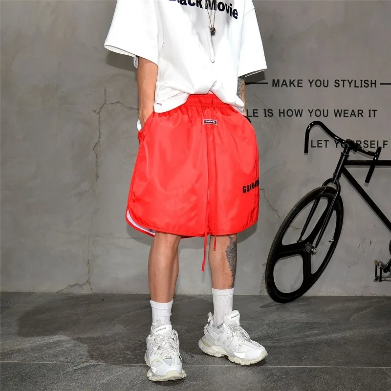 American High Street Loose Solid Drawstring Shorts Men's Trendy Summer Wide Leg Versatile Sports Fitness Short Pants Hip Hop