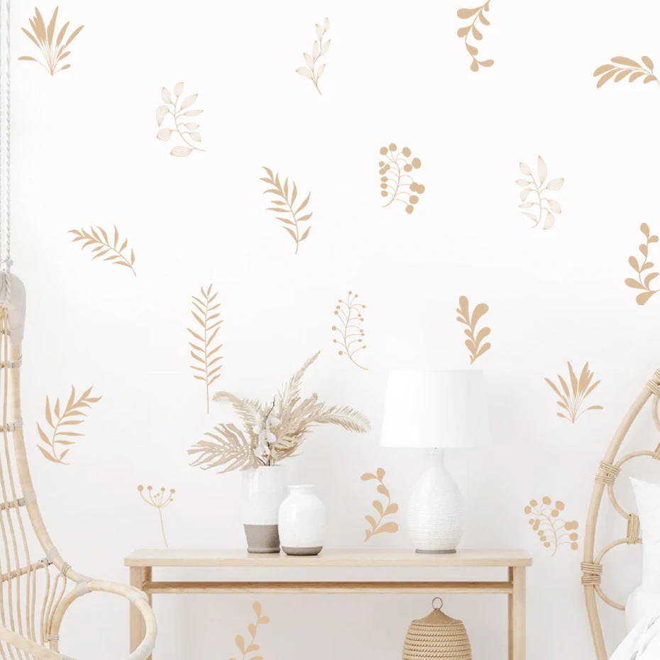 Boho Leaves Botanical Hand Drawn Wall Decals Mural Removable DIY Vinyl Wall Stickers Nursery Kids Room Playroom Home Decoration