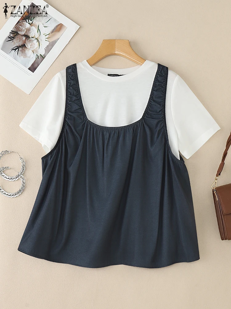 ZANZEA – ensemble deux pièces pour femmes, chemisiers et débardeurs d'été, col rond, manches courtes, couleur unie, chemise de travail élégante, surdimensionnée