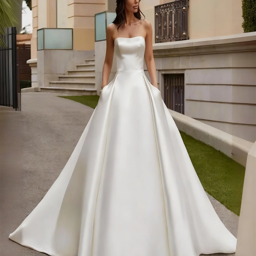 

Свадебное платье трапециевидной формы по индивидуальному заказу, свадебное платье без бретелек, плиссированные атласные платья со шлейфом, вечерние платья для выпускного вечера невесты