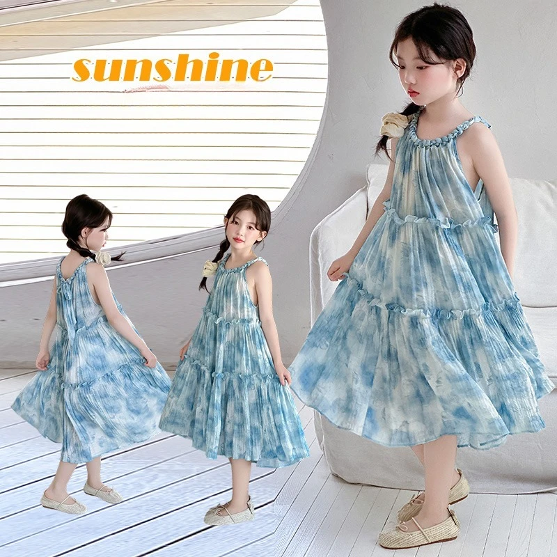 

Girls Vacation Beach Dress Children's Clothing Korean Style Kids Beach Holiday Princess Beach Dress Simple 2025 Summer New