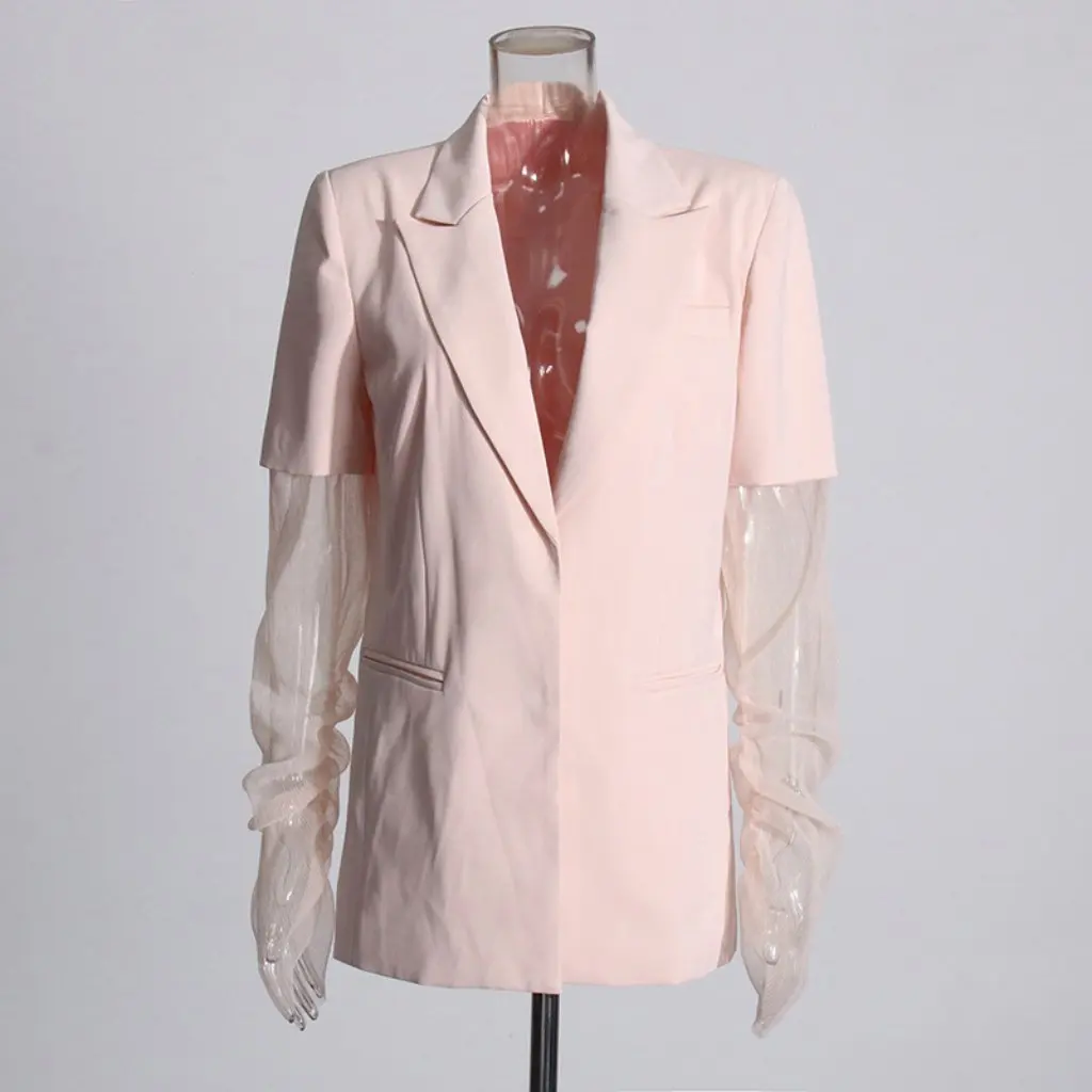

Women's Summer Work Jacket Fashionable Small Suit Style Simple Lapel Long-Sleeved Glossy Gauze Splicing Office Clothing