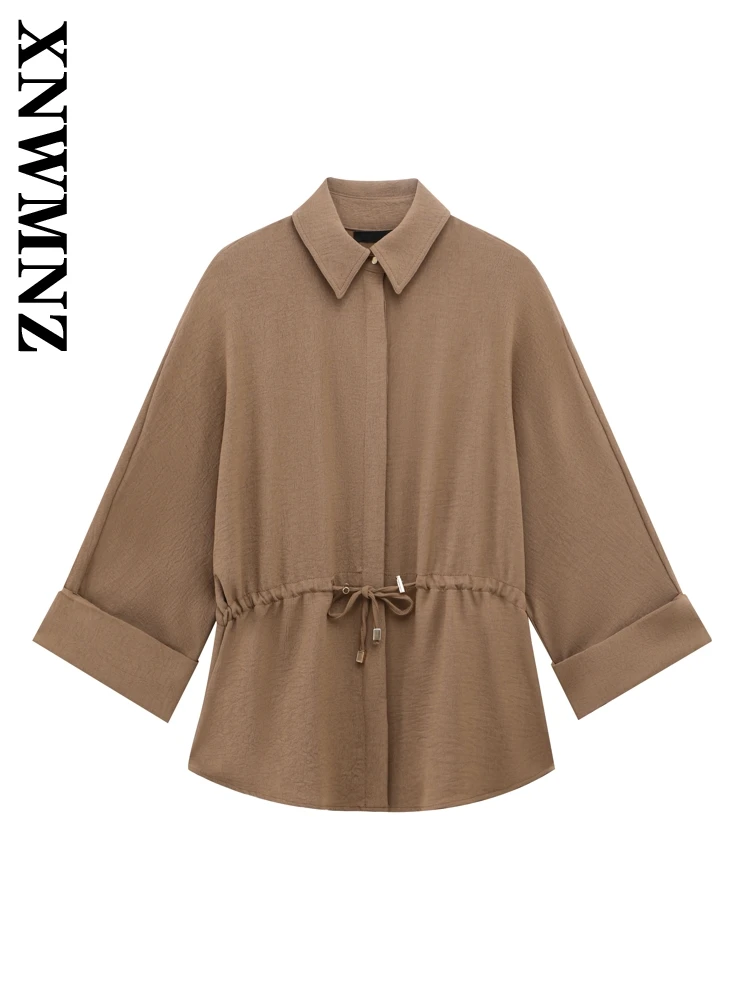 

XNWMNZ 2025 весенняя новая женская острая рубашка, модная женская однотонная кружевная верхняя одежда с отложным воротником, свободное пальто с длинными рукавами